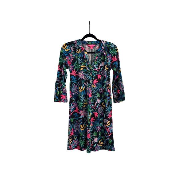 Lilly Pulitzer Dresses & Skirts - Lilly Pulitzer Norris 3/4 Sleeve Dress Black Floral Onyx Paradise Glow Size XXS